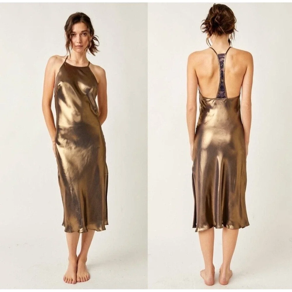 Free‎ People Gold Dust Midi Slip Dress Metallic Bronze Lace Back Halter XS NWT